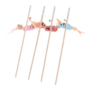 Wooden Feather Rat Cat Wand Toy with Bell