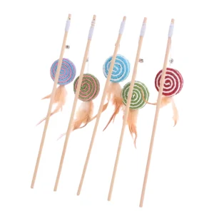 Wooden Cat Play Wand with Spiral Toy, Feather & Bell