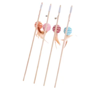 Wooden Cat Play Wand with Bell, Feathers & Rope Ball Toy